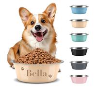 Personalised Dog Bowl, Custom Laser Engraved With Pet Name, Stainless Steel With Non-Slip Pad, Food & Water Dual-Use, Anti-Spill Feeding Dish For All Dog Breeds (Beige, M(21cm))