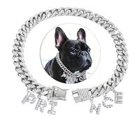 Personalised Dog Chain Collar Diamond Name Letters Customized Silver Dog Necklace Diamond Cuban Link Jewelry Accessories for Small Medium Large Dogs Cats (Silvery,XL/40cm)