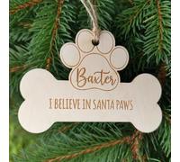 Personalised Dog Christmas Ornament - Wooden Bone with Paw Print and Pet Name - Engraved Santa Paws Quote Decoration for Tree Keepsake Gift | Design 1