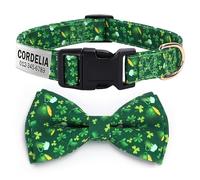 Personalised Dog Collar BowTie Set Custom ID Tag Bowknot Adjustable Pet Collar for Dogs Cats St Patrick's Day Valentine's Day Easter (S,Glass Hat)
