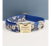 Personalised Dog Collar Floral Pet Collar with Nameplate Quick-Release Metal Buckle Engraved Name Phone Number Dog ID Tag Suitable for Large/Medium/Small Dogs (Blue,L)