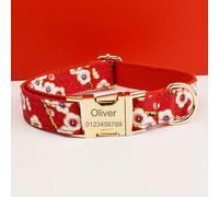 Personalised Dog Collar Floral Pet Collar with Nameplate Quick-Release Metal Buckle Engraved Name Phone Number Dog ID Tag Suitable for Large/Medium/Small Dogs (Red,S)