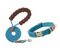 Personalised Dog Collar Leash Set Reflective Breathable Customized Pet Collar Durable Heavy-Duty Puppy Collar with Quick-Release Metal Buckle (Blue,L)