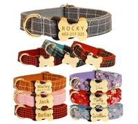 Personalised Dog Collar with Custom Name Tag Adjustable Polyester Velvet Puppy Collar Engraved Pet ID Soft Durable Collar for Small Medium Dogs Optional Matching Lead Gift for Pets (Bone Series)