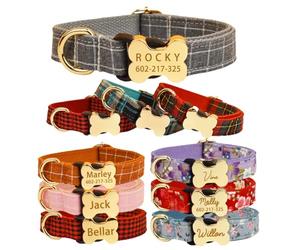 Personalised Dog Collar with Custom Name Tag Adjustable Polyester Velvet Puppy Collar Engraved Pet ID Soft Durable Collar for Small Medium Dogs Optional Matching Lead Gift for Pets (Bone Series)