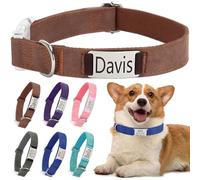 Personalised Dog Collar with Name Plate, Pet Collars with Engraved ID Metal Tag For Dogs, Adjustable Lightweight For Small Medium Large Pets (Brown-M)