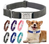 Personalised Dog Collar with Name Plate, Pet Collars with Engraved ID Metal Tag For Dogs, Adjustable Lightweight For Small Medium Large Pets (Grey-M)