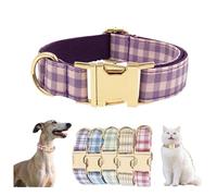 Personalised Dog Collar with Plaid Pattern, Custom Name and Phone Engraving, Gold Metal Buckle, for Small Medium Large Dogs, DIY Pets Gifts (Purple Pink, S)