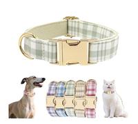 Personalised Dog Collar with Plaid Pattern, Custom Name and Phone Engraving, Gold Metal Buckle, for Small Medium Large Dogs, DIY Pets Gifts (Light Green, L)