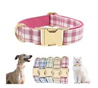 Personalised Dog Collar with Plaid Pattern, Custom Name and Phone Engraving, Gold Metal Buckle, for Small Medium Large Dogs, DIY Pets Gifts (Light pink, XL)