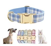 Personalised Dog Collar with Plaid Pattern, Custom Name and Phone Engraving, Gold Metal Buckle, for Small Medium Large Dogs, DIY Pets Gifts (Sky Blue, XS)