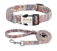 Personalised Dog Collars and Lead Set, Free Engraved Name and Phone Number Dog Collars, Adjustable Retro Nylon Puppy Collar with D-Ring and Metal Buckle for Small Medium Large Dogs(L,Orange-Set)