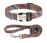 Personalised Dog Collars and Lead Set, Free Engraved Name and Phone Number Dog Collars, Adjustable Retro Nylon Puppy Collar with D-Ring and Metal Buckle for Small Medium Large Dogs(M,Coffee-Set)
