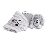 Personalised Dog Gift Set Hamper - Bunny Toy, Embroidered Blanket Hamper Pet Puppy Gifts New Dog Present Plush Custom For Dog Grey