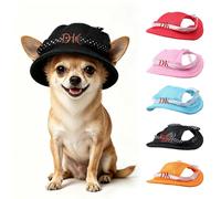 Personalised Dog Hat - Custom Embroidered Name Pet Sun Hat with Ear Holes, Breathable Mesh Dog Cap with Polka Dot Ribbon, 5 Colours, Adjustable for Small Dogs, Cute Outdoor Dog Gift (Black)