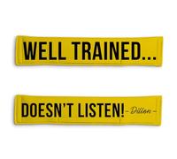 Personalised Dog Lead Sleeve | Custom 'Well Trained... Doesn't Listen' Dog Lead Cover | Reactive Nervous Dog Warning | Funny Dog Lead Sign | Velcro Lead Wrap UK (Yellow)