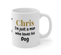 Personalised Dog Lover Coffee Mug, White Ceramic, Custom Name Text 'I'm Just a Man Who Loves His Dog', Gold and Black Design