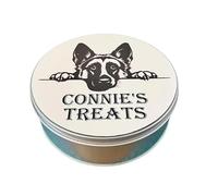 Personalised Dog Puppy treat tin, 15cm Round Tin, Keepsake Any name can be added, loads of dog breeds available. Great gift for that dog lover.