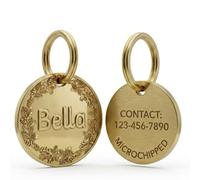 Personalised Dog Tag & Cat ID, Solid Brass with 3D Floral Wreath, Deep Engraved Name & Contact, Premium Pet Charm UK, Secure Ring Clasp - 25/30mm