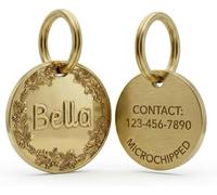 Personalised Dog Tag & Cat ID, Solid Brass with 3D Floral Wreath, Deep Engraved Name & Contact, Premium Pet Charm UK, Secure Ring Clasp - 25/30mm