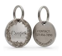Personalised Dog Tag & Cat ID, Solid Brass with 3D Floral Wreath, Deep Engraved Name & Contact, Premium Pet Charm UK, Secure Ring Clasp - 25/30mm