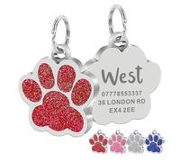 Personalised Dog Tags for Pets Engraved UK ID Tags for Dogs Cat Tag Glitter Paw Print Stainless Steel Dog ID Tag Dog Name Tag Custom Pet Tag ID Tag for Cat Pet Dog Puppy(Red)