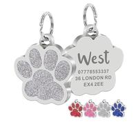 Personalised Dog Tags for Pets Engraved UK ID Tags for Dogs Cat Tag Glitter Paw Print Stainless Steel Dog ID Tag Dog Name Tag Custom Pet Tag ID Tag for Cat Pet Dog Puppy(Silver)