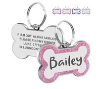 Personalised Dog Tags for Pets Engraved UK Prime Stainless Steel Glitter Dog ID Name Tag Bone Shape S L Sizes 4 Colours (Pink L, Bone)