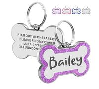 Personalised Dog Tags for Pets Engraved UK Prime Stainless Steel Glitter Dog ID Name Tag Bone Shape S L Sizes 4 Colours (Purple L, Bone)