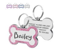 Personalised Dog Tags for Pets Engraved UK Prime Stainless Steel Glitter Dog ID Name Tag Bone Shape S L Sizes 4 Colours (Pink S, Bone)