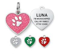 Personalised Dog Tags for Pets Engraved UK, Stainless Steel Pet ID Tag for Dogs & Cats, Heart Collar Tag with Deep Laser Engraving, Waterproof Custom Name Tag, 4 Glitter Colours (Pink)