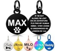 Personalised Dog Tags for Pets UK Prime, Deep Engraved Cat Dog Name ID Tags, Stainless Steel Pet Tag for Doggy Kitten Kitty Puppy, Scratch Resistant Tag (Black Round, L)