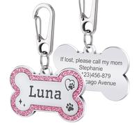 Personalised Dog Tags Stainless Steel UK Pet ID Tags with Glittery Bone Design, Up to 5 Lines of Custom Text Engraved on Both Sides Custom Dog Name Tag Engraved for Pets Dog Puppy Cat(Pink, L)