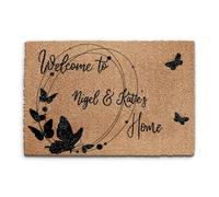 Personalised Doormat (40cm x 60cm) Small, Customise with House Name, Butterfly Flower Entrance Door Mat, Coconut Core Fibre Heavy Duty Mat, Rug, Coir Regular Door Mat