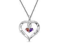 Personalised Double Heart Birthstone Necklace with Two Birthstones and Name Engravings 925 Sterling Silver Love Pandant Name Necklace Gift for Women Mom Wife