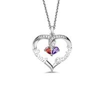 Personalised Double Heart Birthstone Necklace with Two Birthstones and Name Engravings 925 Sterling Silver Love Pandant Name Necklace Gift for Women Mom Wife