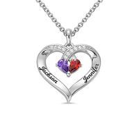 Personalised Double Heart Birthstone Necklace with Two Birthstones and Name Engravings 925 Sterling Silver Love Pandant Name Necklace Gift for Women Mom Wife