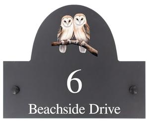Personalised Double Owl Bird Motif Natural Stone Slate House Name or House Number Plaque Sign - 25x20cm - Premium Smooth Stone Slate