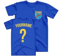 Personalised DR Congo Kids T Shirt Custom Name and Number Football Africa Badge Nation Supporters Soccer Boy Girl Tee, 5-6 Years, Royal