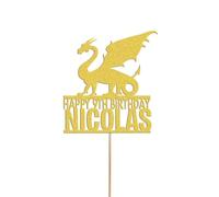 Personalised Dragon Fantasy Cake Topper for Boys Birthday | Custom Name & Age Cake Decoration | Gold