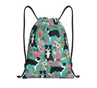 Personalised Drawstring Bag Border Collie Flowers, Foldable Swimming Backpack, Daily String Sackpack, for Activities Travel 36X42cm