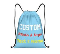 Personalised Drawstring Bag Custom Drawstring Backpack with Your Own Photo/Logo/Text/Name, Design Drawstring Gym Swimming Yoga Bag for Kids Adults, Customised Knapsack for Sports Business, Sky Blue, S