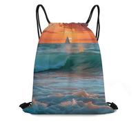 Personalised Drawstring Gym Bag Ocean Waves at Sunset String Sackpack Unisex Swimming Backpack for Holidays Shopping Kids 36X42cm
