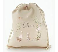 Personalised Drawstring Sack - Custom Name Gift Bag for Kids Woodland Creature Animal Wreath Cute Illustration for Easter Birthday Dance School Children's Bedroom - Canvas Cotton Medium