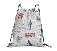 Personalised Drawstring Sport Bag Retro British Flag Symbols Landmarks News Paper, Daily Gym Backpack, Foldable Swim Bags, for Children Activities 36X42cm