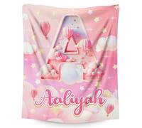 Personalised Dreamy Sky Blanket with Initial & Name - Custom Pink Cloud & Hot Air Balloon Throw for Girls, Soft Flannel Fleece Bed Blanket in 4 Sizes, Cosy Gift for Kids
