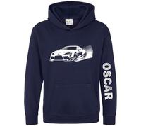 Personalised Drift Race Car Boys Hoodie - Fast Slide Car Dot Design Hooded Top for Son or Nephew - Custom Name Sleeve Print - Kids Racing Fan Gift, 12-13 Years, Navy