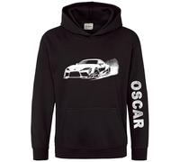 Personalised Drift Race Car Boys Hoodie - Fast Slide Car Dot Design Hooded Top for Son or Nephew - Custom Name Sleeve Print - Kids Racing Fan Gift, 9-11 Years, Black