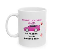 Personalised Driving Test Pass Celebration Ceramic Mug, White with Pink Car Design, Her, She, Congratulations on Passing Your Driving Test, Ripped Up L Plates