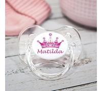 Personalised Dummy Pacifier Soother, All Teats, Sizes & Colours, Pink Crown